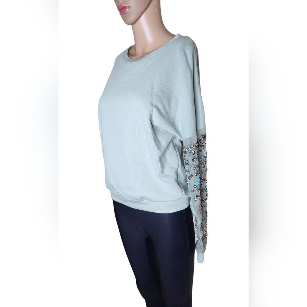Anthropologie Let Me Be Luckcharm women's blue cotton beaded sweatshirt Size XS - Picture 3 of 12